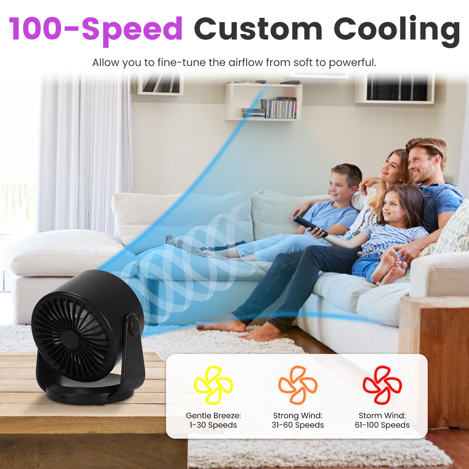 Rechargeable Mini Desk Fan – 100-Speed, Wall Mount & Desktop